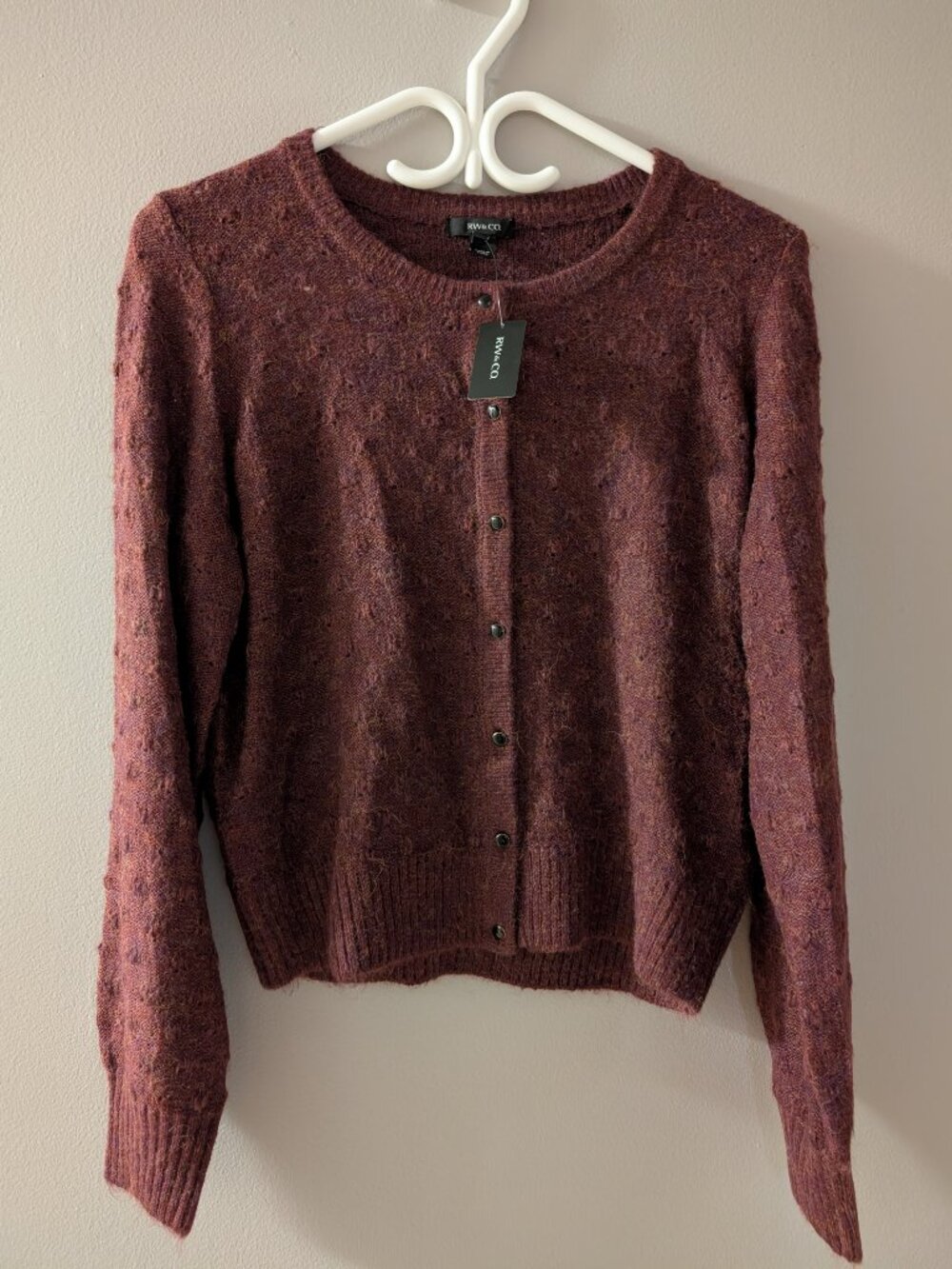 RW&CO Burgundy Plum Fuzzy Textured Knit Button Cardigan Size M NWT